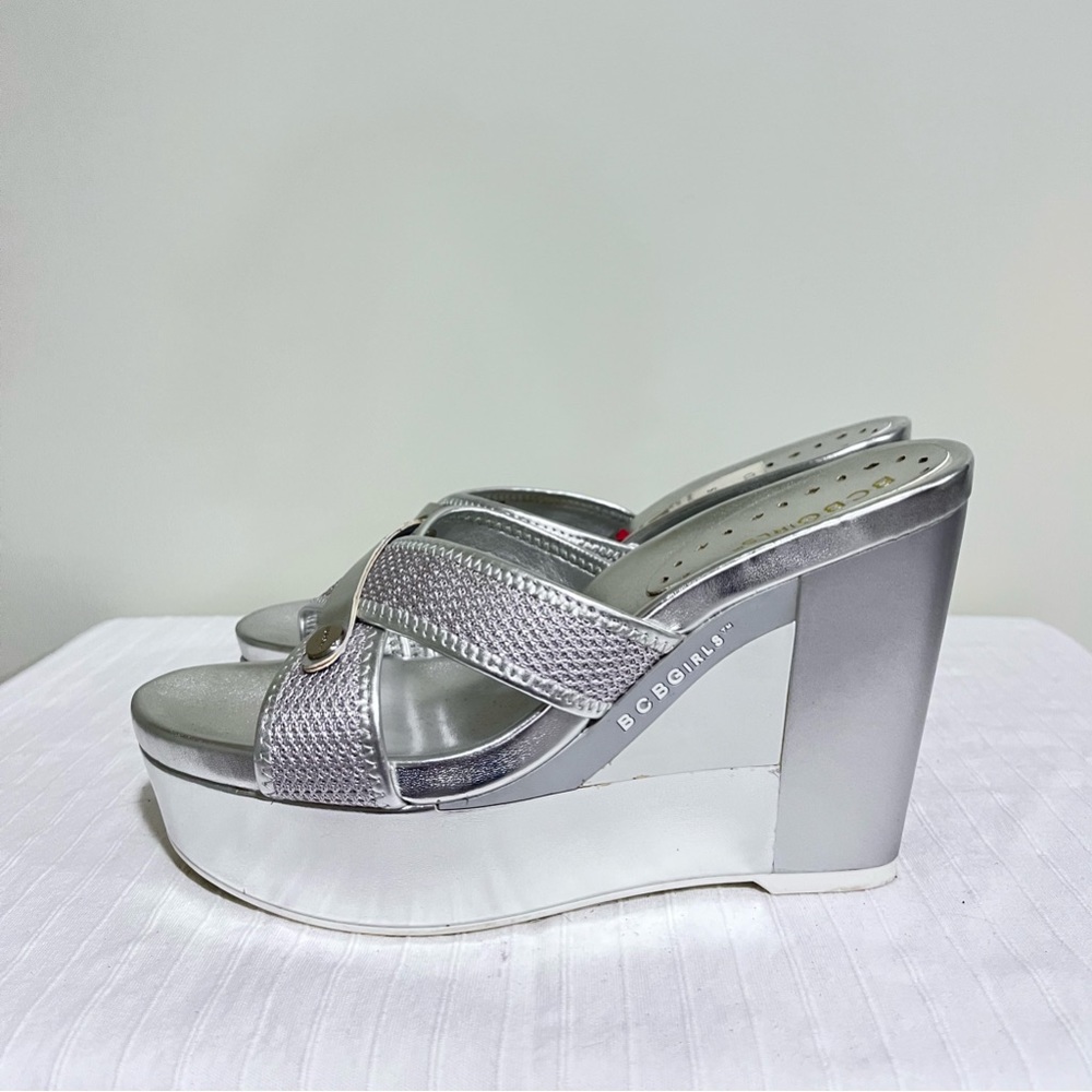 BCBG silver wedged sandals.